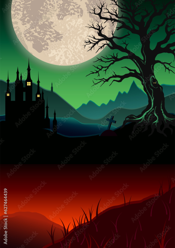 Scary halloween poster background with copy space. Glowing, foggy landscape with mountains, old castle, house, tree, big moon, grave cross. Otherworldly, mystical illustration.