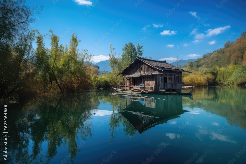 Serene wooden house on the banks of the river., generative IA