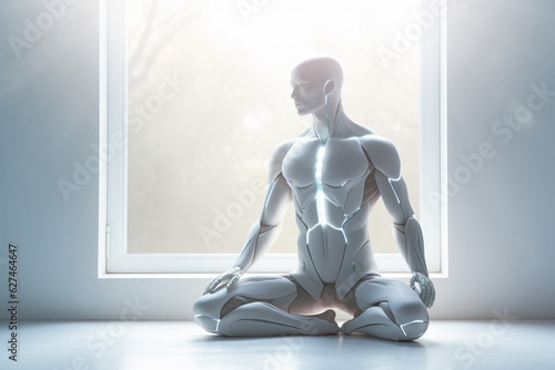 male white humanoid robot doing yoga on a yoga mat with sun from the window, meditation concept
