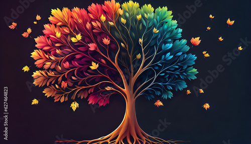 Fototapeta Naklejka Na Ścianę i Meble -  Elegant colorful tree with vibrant leaves hanging branches illustration background. Bright color 3d abstraction wallpaper for interior mural painting