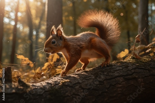 Squirrel playing in sunny woods, collecting nuts., generative IA © Gabriel