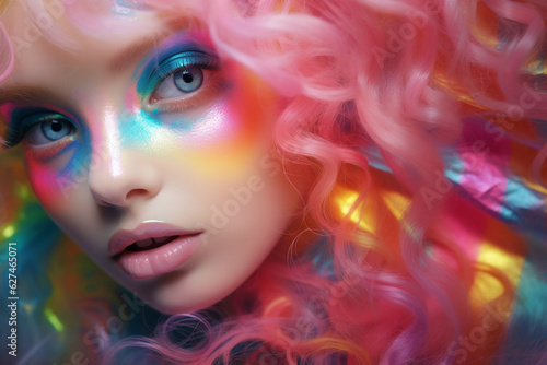 Young pastel girl with pink hair and rainbow make-up, colourful style.