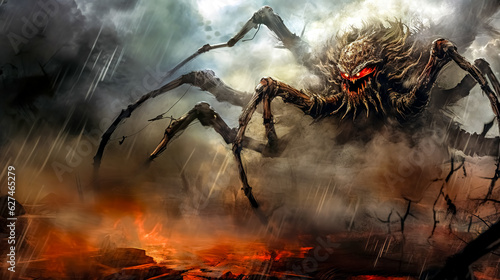 horror, arachnophobia fear of spiders, scary scary monster in the shape of a spider in the burning forest, made with Generative AI