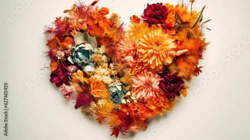 Abstract heart made from various colorful flowers blossoms. Soft color background with a Copy space . Abstract art. Made With Generative AI.