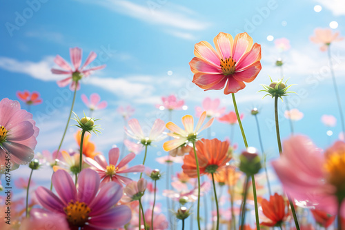 Field of colorful flowers against a blue sky with wispy clouds. 