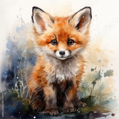 Watercolor cute fox in the grass. AI generative.