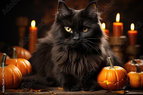 Black fluffy cat in the autumn garden with orange pumpkins. Halloween, Mid-Autumn Festival. Generative AI