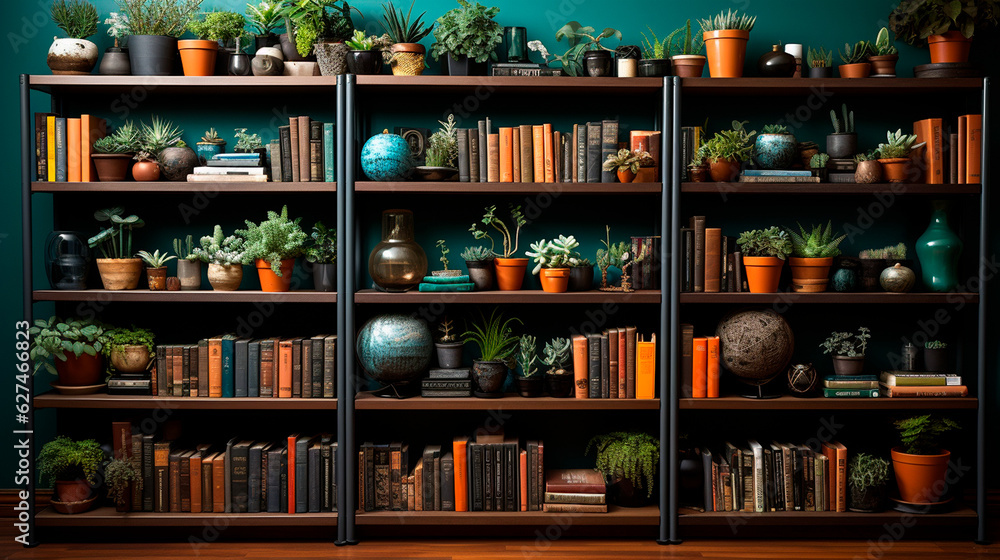 Nature-Themed Bookshelf Featuring New Naturalism Book Collection. Generative AI.