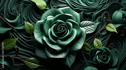 Green rose postcard, unusual futuristic vintage concept, wedding invitation
