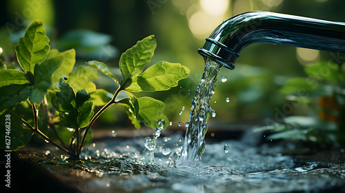 faucet water drop close up a blurred natural background Generative AI