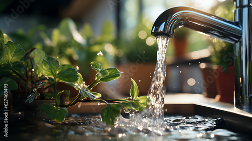 faucet water drop close up a blurred natural background Generative AI