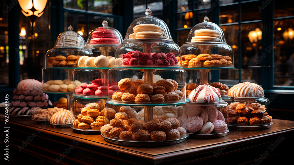 Delicious Assortment of Macarons in Boulangerie Window. Generative AI.