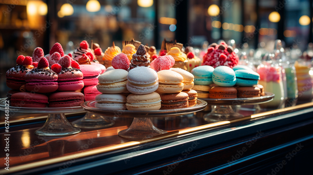 Mouthwatering Macarons on Display at a Boulangerie. Generative AI. Mouthwatering Macarons on Display at a Boulangerie. Generative AI.