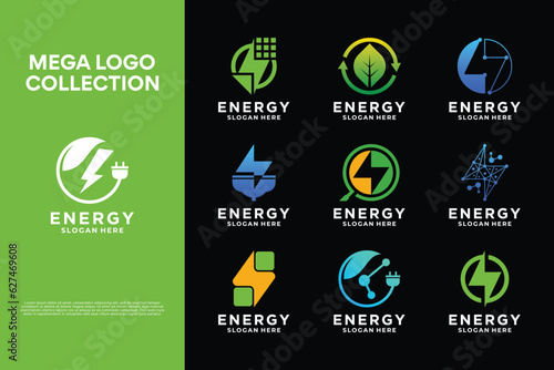 Collection of solar energy logo design with lightning. environmentally friendly solar energy