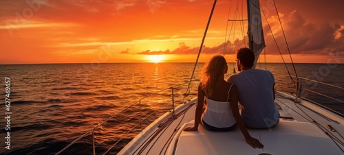 Fototapeta Naklejka Na Ścianę i Meble -  Panorama of a young couple at leisure sailing on the ocean, relaxing on a luxury yacht, watching the sunset on the horizon. Generative Ai