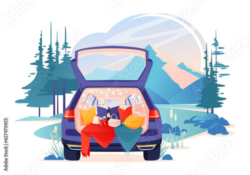 Vector illustration on traveling theme. Picturesque landscape with mountains, lake or valley, big fir trees and car. Car has an open trunk, inside is equipped with place for rest. Picnic in nature