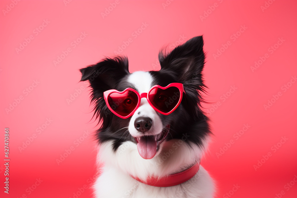 St. Valentine's Day concept. Funny portrait cute puppy dog border collie with a heart shaped sunglases. High quality photo St. Valentine's Day concept. Funny portrait cute puppy dog border collie with a heart shaped sunglases. High quality photo
