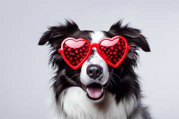 St. Valentine's Day concept. Funny portrait cute puppy dog border collie with a heart shaped sunglases. High quality photo