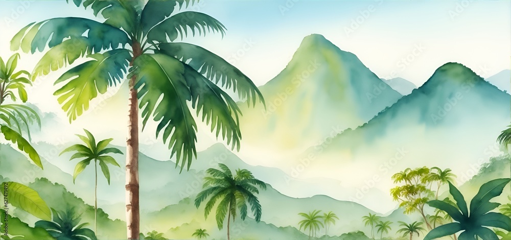 Tropical Rainforest, Jungle, Palm Trees and Mountains, Watercolor Landscape Painting, Generative AI, Generative, AI