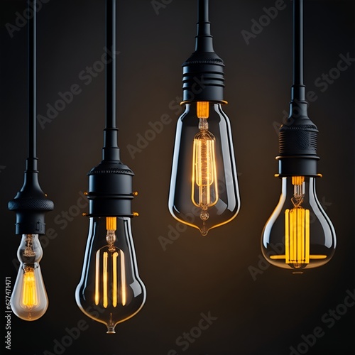 Realistic retro light bulbs set. Decorative vintage design edison lightbulbs of different shapes. Lamps in antique style with copper. Generative AI, Generative, AI
