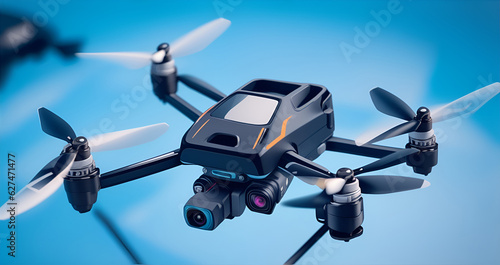 Modern FPV drone near sky background. Generative AI, Generative, AI