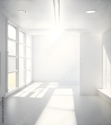 Abstract white studio background for product presentation. Empty room with shadows of window. Generative AI, Generative, AI