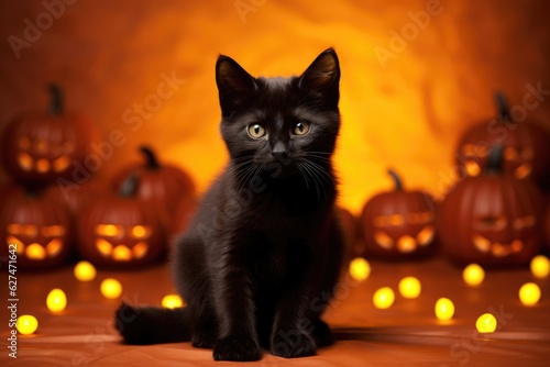 Fluffy cute black kitten with pumpkin jack o lantern on orange background with lights. Halloween autumn concept. Background with copy space