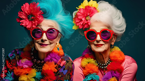 two older ladies in colorful outfits with red glasses