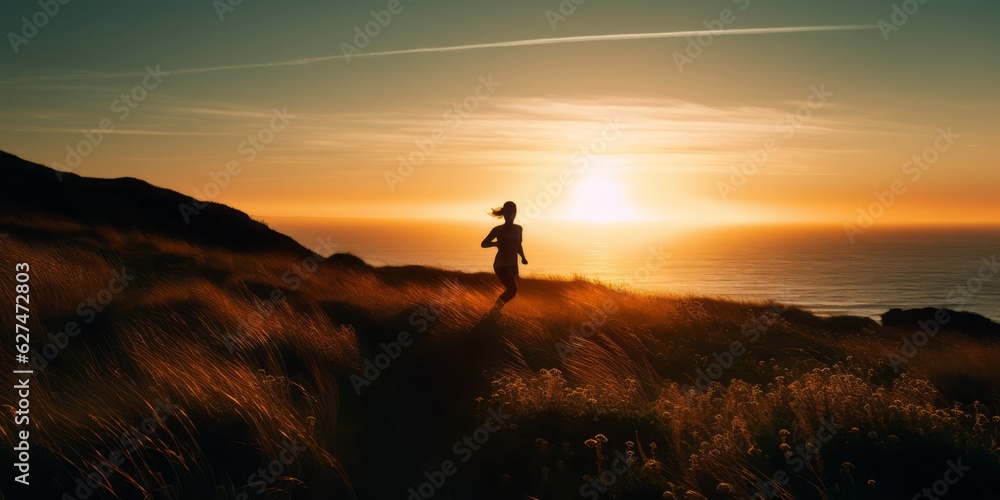 Energetic Silhouette of a Woman Running on Meadow Hill at Sunset, Enjoying the Coastal Beauty of Blue Sky, Ocean, and Shoreline in a Scenic Panoramic View, Embracing an Active and Healthy Lifestyle