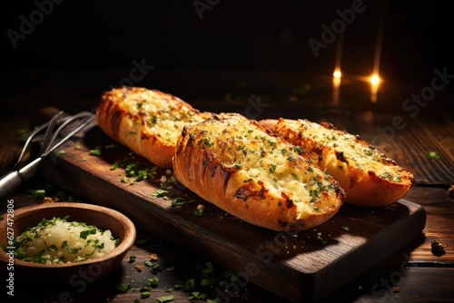 Slices of backed garlic bread on rustic wooden background. photo