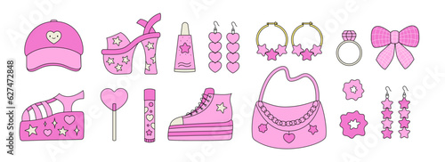 Glamorous trendy pink stickers set. Nostalgic pinkcore 2000s style