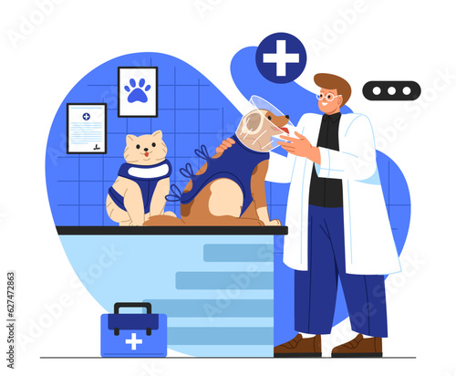 Man with animal sterilization concept. Young guy in medical coat with domestic animals and pets. Cat and dog at table near doctor. Care about kitty and puppy. Cartoon flat vector illustration