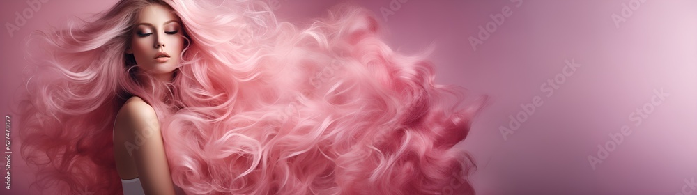  Portrait of an attractive woman with long pink hair on a pink background. Long banner with copy space