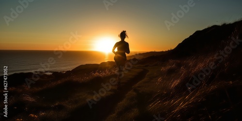 Energetic Silhouette of a Woman Running on Meadow Hill at Sunset  Enjoying the Coastal Beauty of Blue Sky  Ocean  and Shoreline in a Scenic Panoramic View  Embracing an Active and Healthy Lifestyle