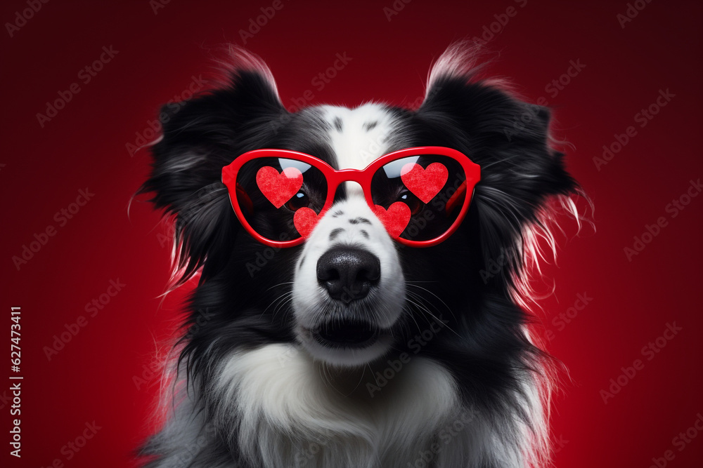 St. Valentine's Day concept. Funny portrait cute puppy dog border collie with a heart shaped sunglases. High quality photo St. Valentine's Day concept. Funny portrait cute puppy dog border collie with a heart shaped sunglases. High quality photo