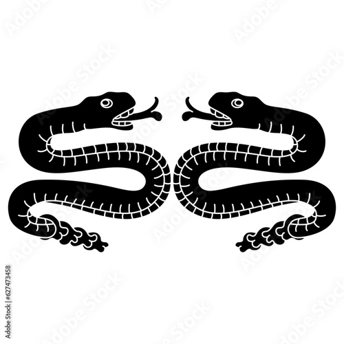 Symmetrical animal design with two rattle snakes from Aztec codex. Native American art of ancient Mexico. Black and white negative silhouette.