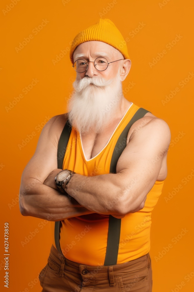 Old Man Flexing Muscle on a Vibrant Yellow Background, Embracing the Playful Spirit of Christmas with a Dash of Retro Punk Rock Attitude