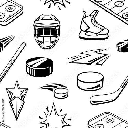 Pattern with hockey items. Sport club illustration. Healthy lifestyle background.