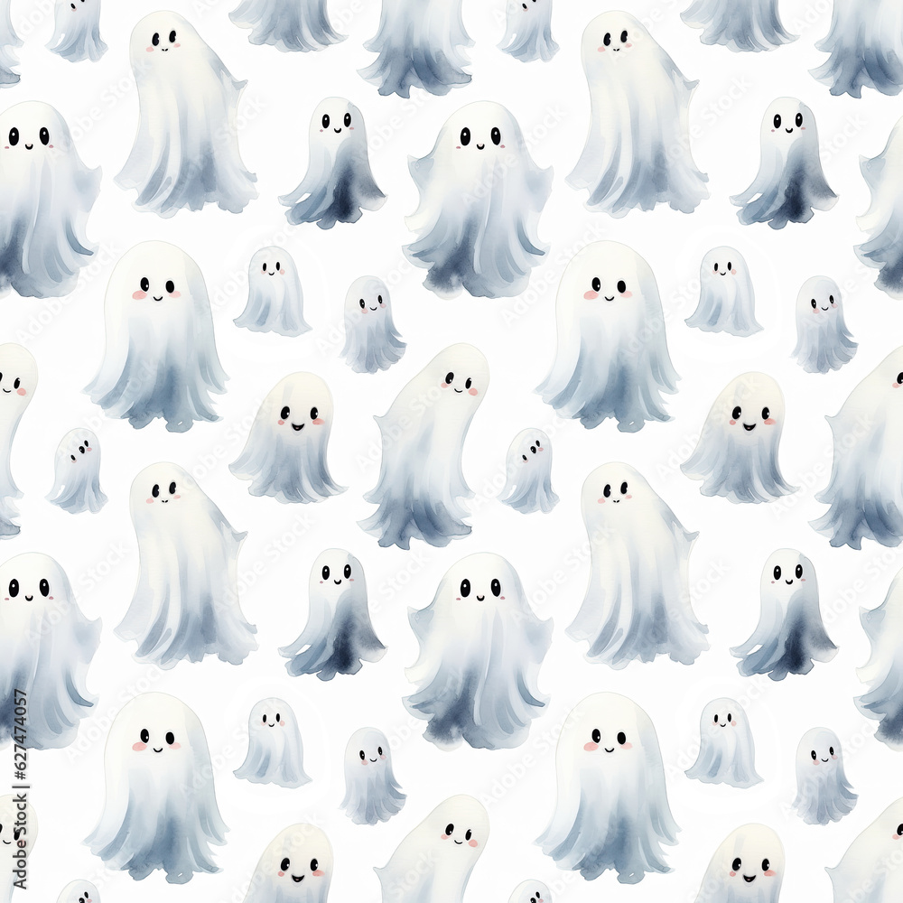 Cute halloween ghost seamless watercolor pattern on white background. Simple spooky character. Festive scary Haloween holiday print. Design for fabric, wallpaper, packaging, wrapping paper Cute halloween ghost seamless watercolor pattern on white background. Simple spooky character. Festive scary Haloween holiday print. Design for fabric, wallpaper, packaging, wrapping paper