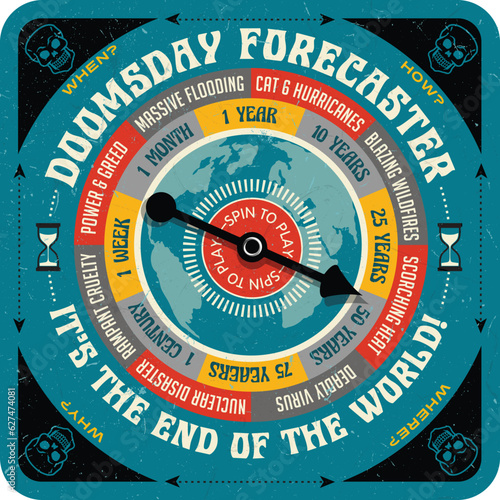 Vintage style spin game with spinning arrow and predictions about the end of the world. Vector illustration for websites, games, print.