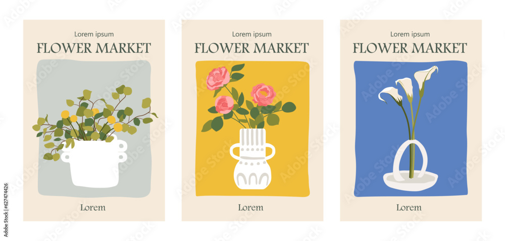 Set of botanical posters. Flower pots with colorful flowers, bouquets. Aesthetics and elegance. Element of interior and decor. Cartoon flat vector collection isolated on white background