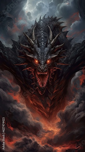 Portrait of black dragon in smoke and fire