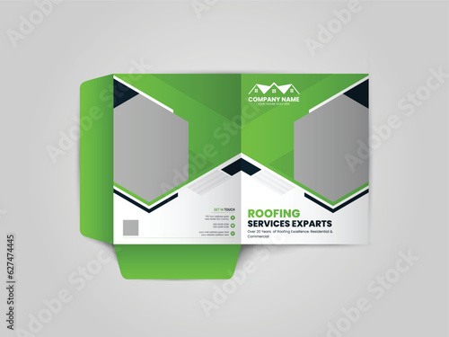 Roofing Service Presentation folder design for files, Roof repair, worker replacing gray tiles or shingles on house, Roofing - construction worker standing on a roof covering it with tiles.