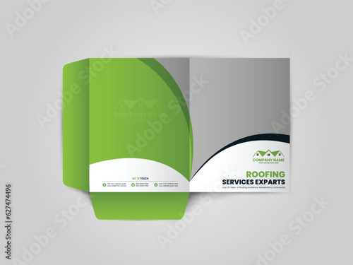 Roofing Service Presentation folder design for files, Roof repair, worker replacing gray tiles or shingles on house, Roofing - construction worker standing on a roof covering it with tiles.