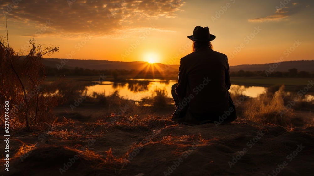 A man in a cowboy hat sitting on a hill. Yom Kippur tradition.