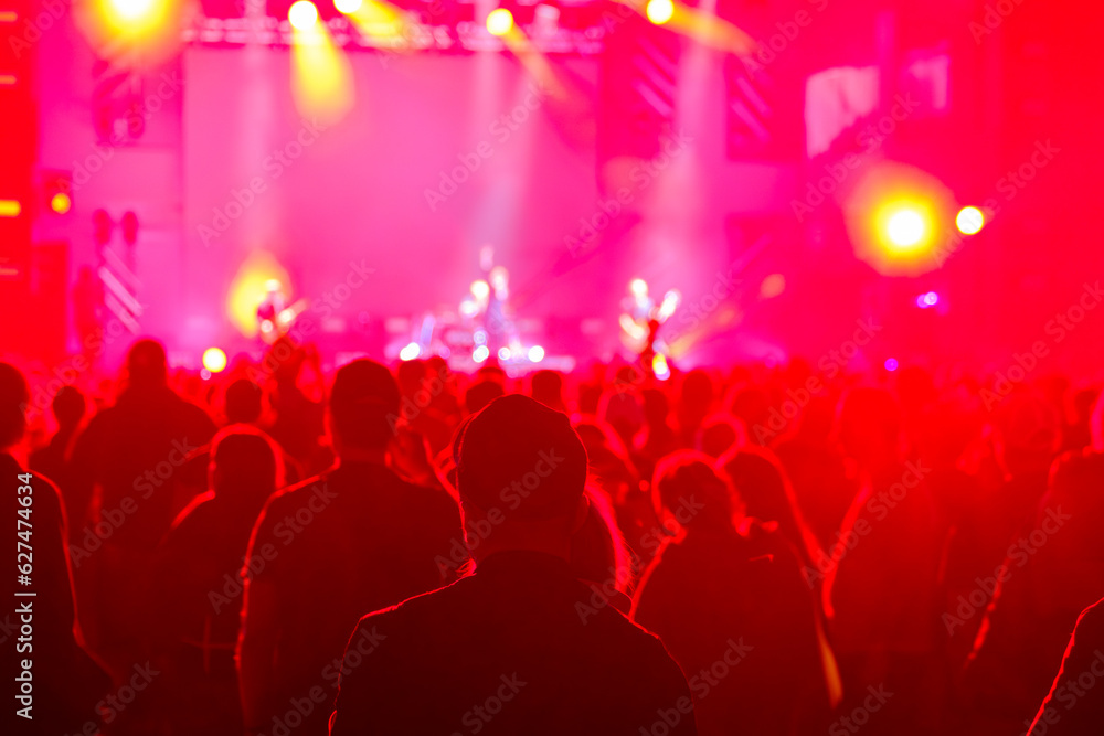 Unrecognizable crowd of people standing while artists performing on stage in concert