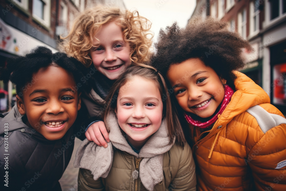 Portrait of a group of children going back to school . Child wearing a backpack ready for the first day of kindergarten