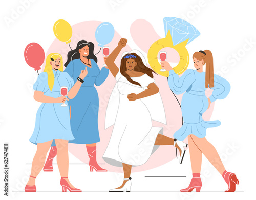Bridesmaids with bride concept. Women in dresses with cocktails and balloons. Party and event. Preparing for wedding ceremony and marriage. Poster or banner. Cartoon flat vector illustration