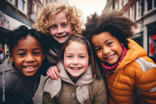 Portrait of a group of children going back to school . Child wearing a backpack ready for the first day of kindergarten