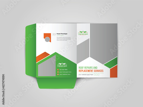 Roofing Service Presentation folder design for files, Roof repair, worker replacing gray tiles or shingles on house, Roofing - construction worker standing on a roof covering it with tiles.